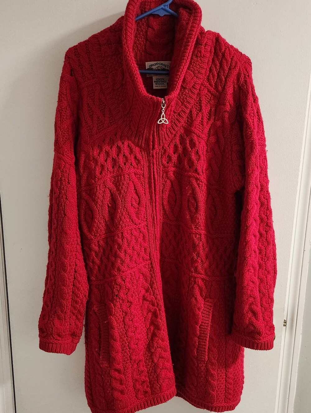 Aran Crafts Merino Wool Red Cable-Knit Zip Cardigan, Size L